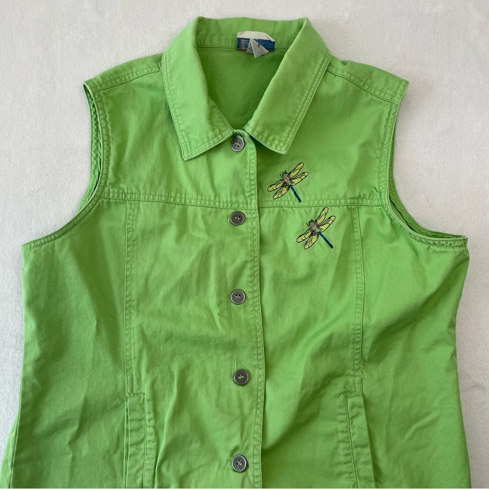 VTG 90s Y2K Las Olas Lime Green Denim Vest Embroidered Dragonflies Women’s Sz L